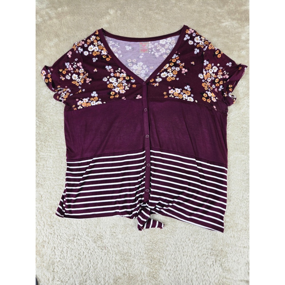 No Boundaries Womens XXL Burgundy Floral Striped Tie Front Button Top Shirt